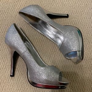 Sparkly Silver Peep Toe Heels